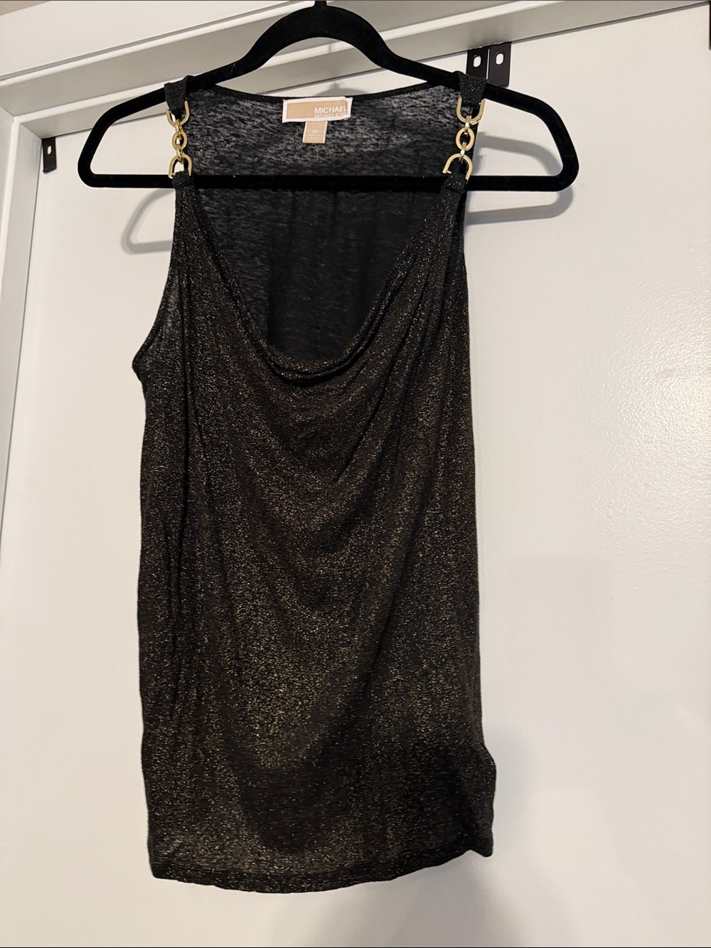 Michael Kors Black Metallic Chain-Detail Cowl Neck Tank